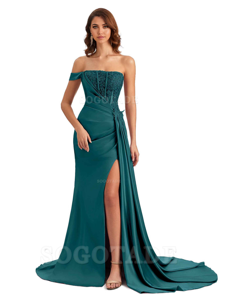 Mermaid Off Shoulder Applique formal dresses evening gown Bridesmaid Dresses With Side Slit 