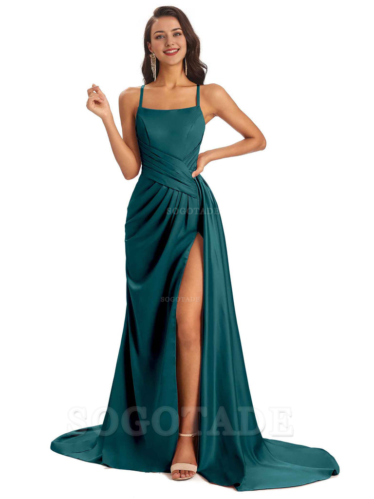 Sexy Soft Satin Side Slit Spaghetti Straps Long Maxi Bridesmaid Dresses prom shop dresses
