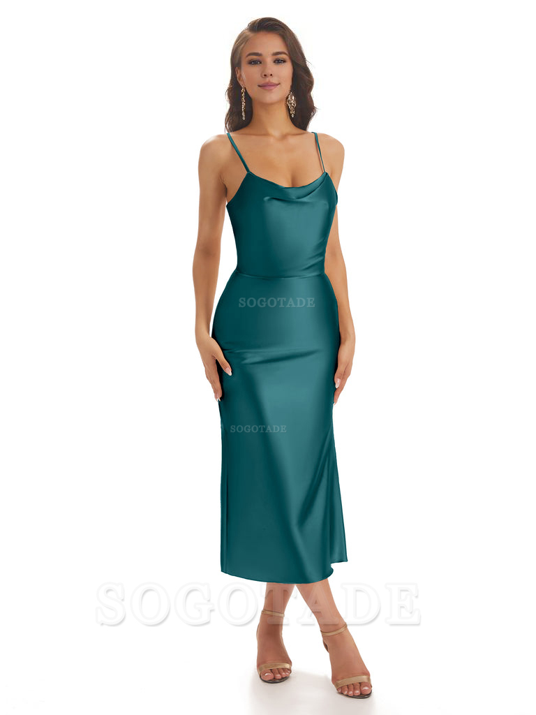 Sexy Soft Satin Spaghetti Strap Tea-Length Midi Short Bridesmaid Dresses prom shop dresses