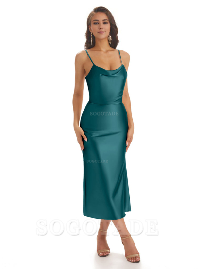 Sexy Soft Satin Spaghetti Strap Tea-Length Midi Short Bridesmaid Dresses prom shop dresses