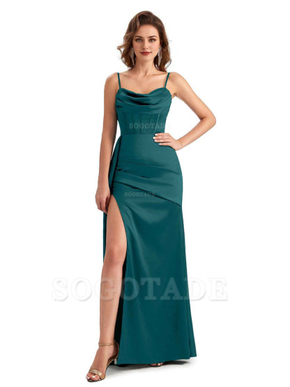 Sexy Side Slit Mermaid Silky Satin Spaghetti Straps Unique Wedding Guest Dresses