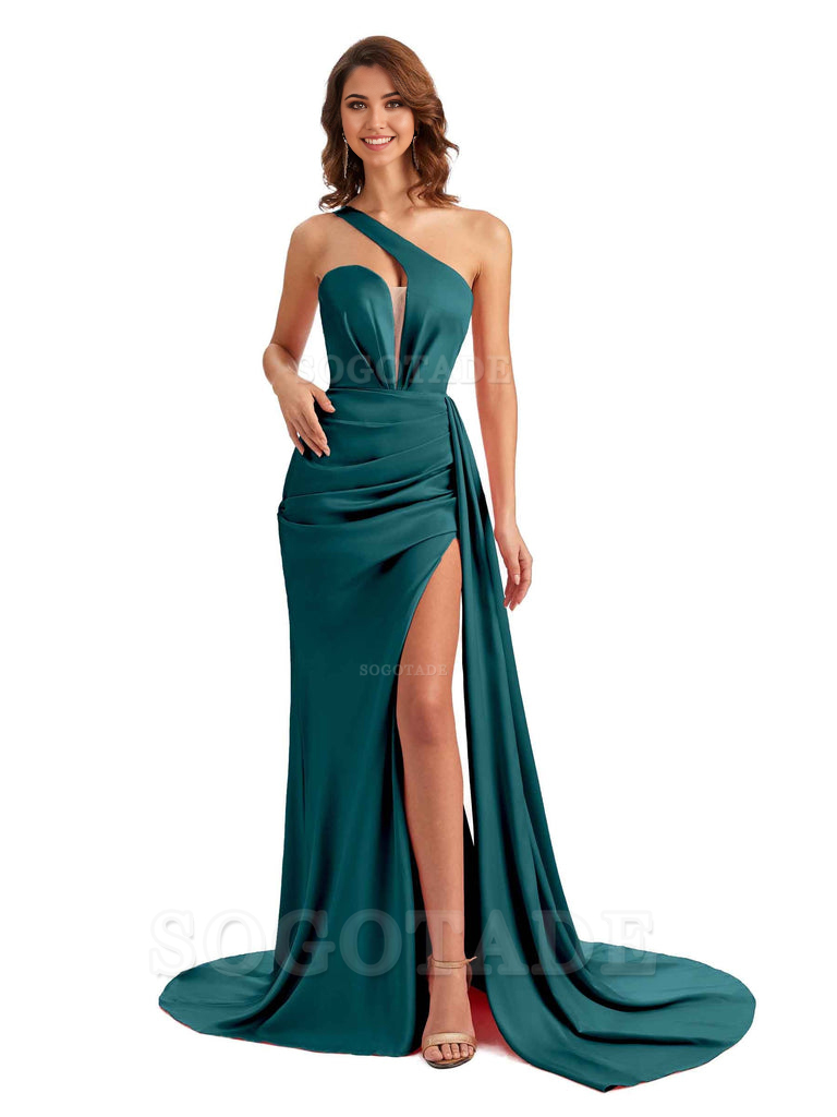Mermaid One Shoulder Satin formal dresses evening gown Bridesmaid Dresses With Side Slit