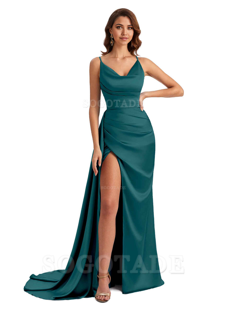 Mermaid Cowl Spaghetti Satin formal dresses evening gown Bridesmaid Dresses With Side Slit