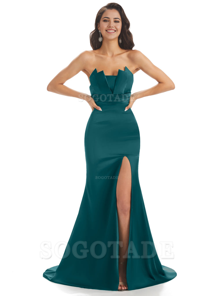Mermaid sleeveless Satin formal dresses evening gown Bridesmaid Dresses With Side Slit 