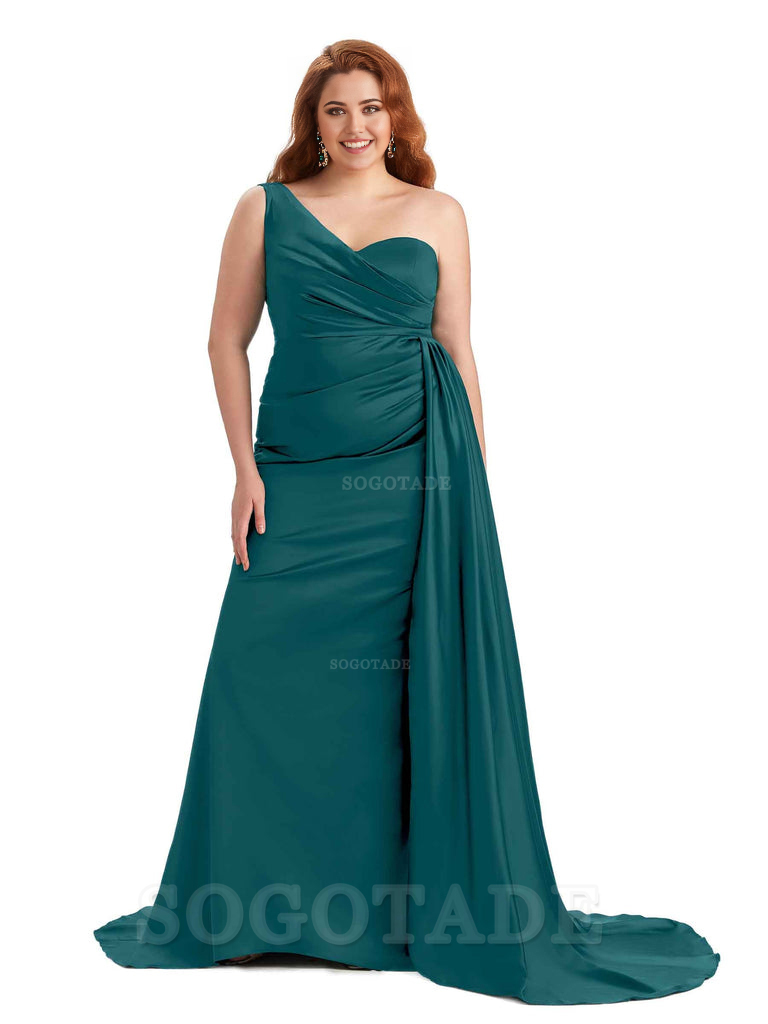 Sexy One Shoulder Sleeveless Mermaid Soft Satin Long Plus Size With Train Bridesmaid Gowns