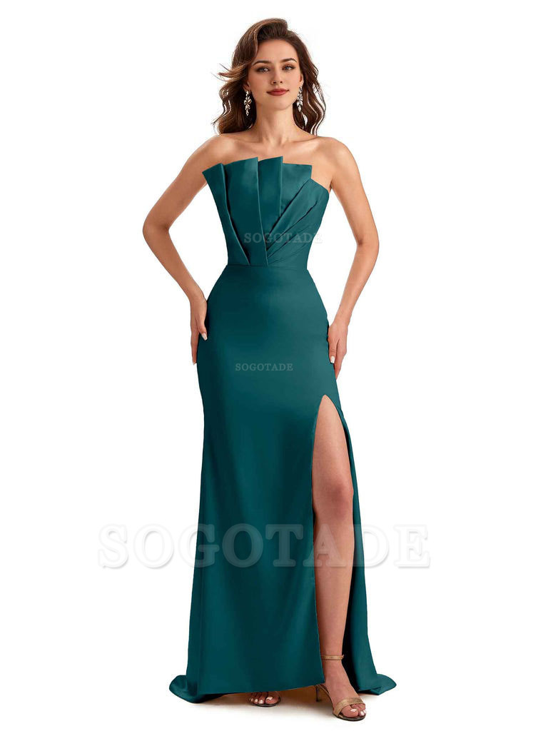 Unique Soft Satin Side Slit Asymmetrical Neckline Mermaid Long Bridesmaid Dresses