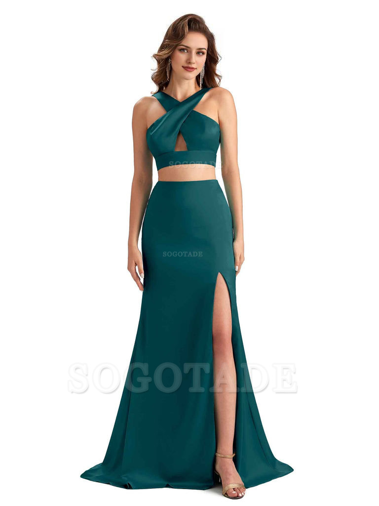 Sexy Side Slit Mermaid Silky Satin Halter Two Pieces Unique Long Bridesmaid Dresses