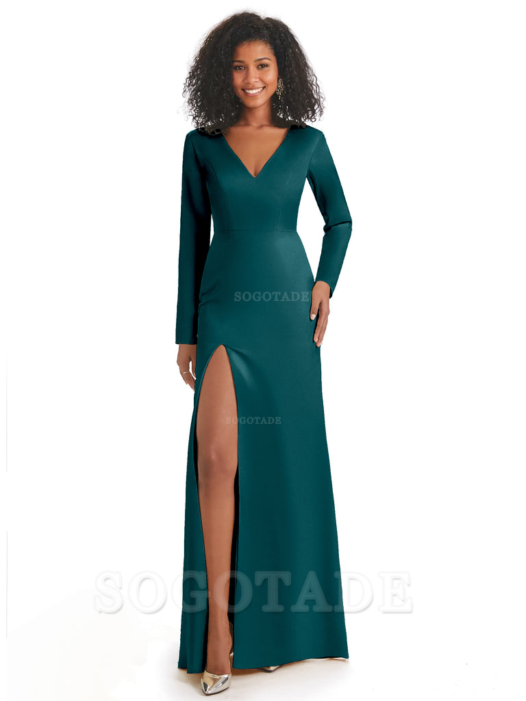 Soft Satin Side Slit Long Sleeves V-Neck Long African Mermaid Bridesmaid Dresses Elegant Evening Party Dress