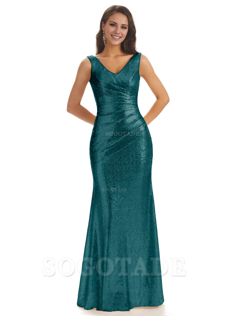 Sexy Sequin V-Neck Sparkly Long Mermaid Bridesmaid Dresses Charming Evening Party Dress