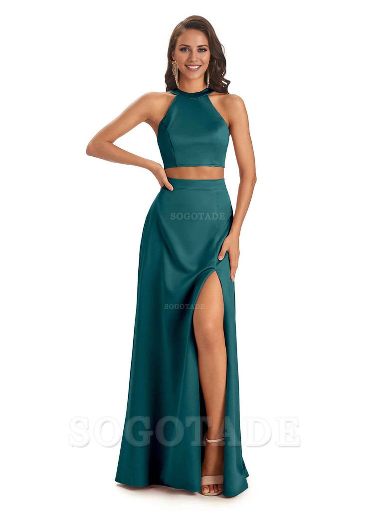 Soft Satin Two-Pieces Halter Side Slit Sexy Fashion Bridesmaid Dresses Charming Evening Party Dress