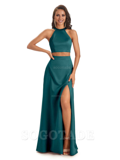 Soft Satin Two-Pieces Halter Side Slit Sexy Fashion Bridesmaid Dresses Charming Evening Party Dress