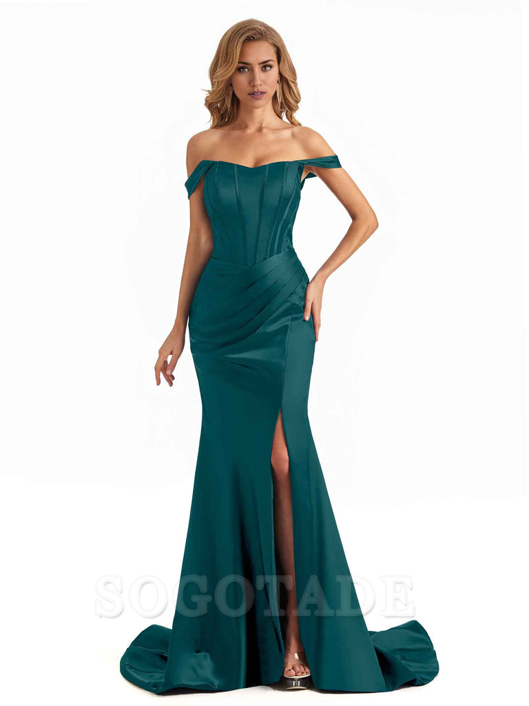 Sexy Long Mermaid Bridesmaid Dresses Off The Shoulder with Side Slit Satin Elegant Evening Party Dress 