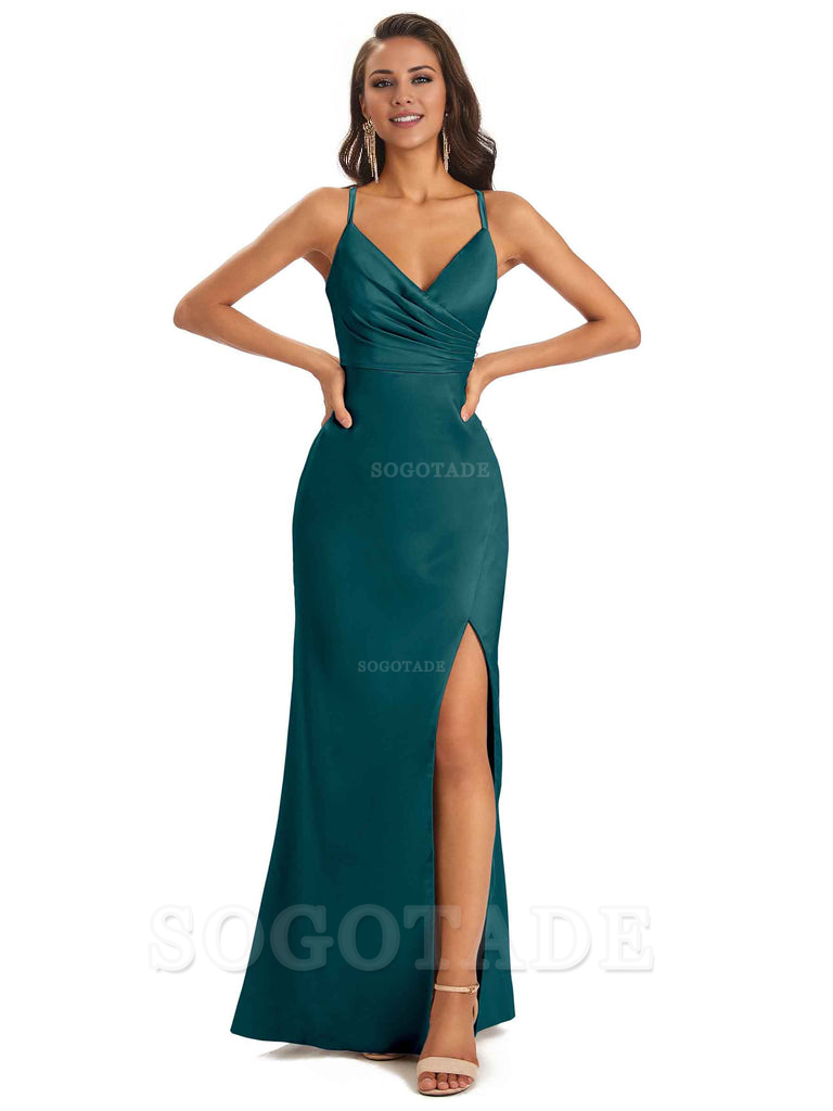 Soft Satin Side Slit Spaghetti Straps Long Unique Mermaid Bridesmaid Dresses Elegant Evening Party Dress