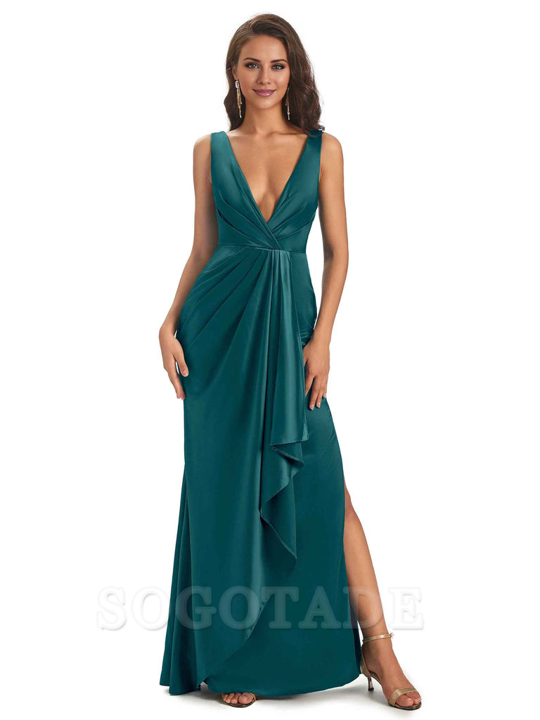 Sexy Satin V-Neck Floor-Length Long Bridesmaid Dresses with Side Slit Elegant Evening Party Dress