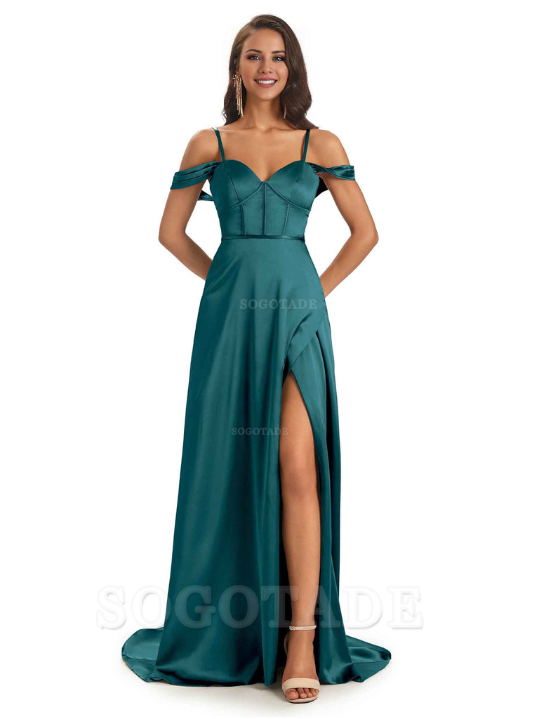 Stylish Soft Satin Side Slit Spaghetti Straps Bridesmaid Dresses Elegant Evening Party Dress