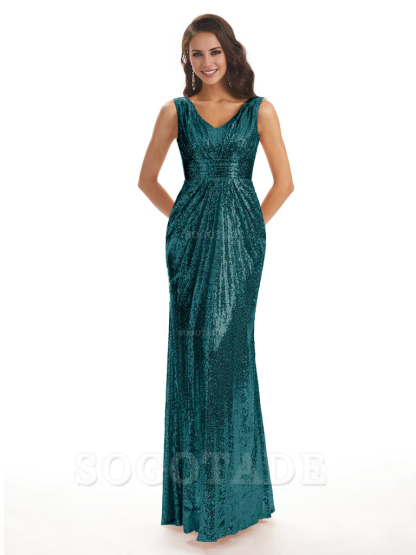 Sparkly V-Neck Sequin Long Mermaid Bridesmaid Dresses Sleeveless Charming Evening Party Dress