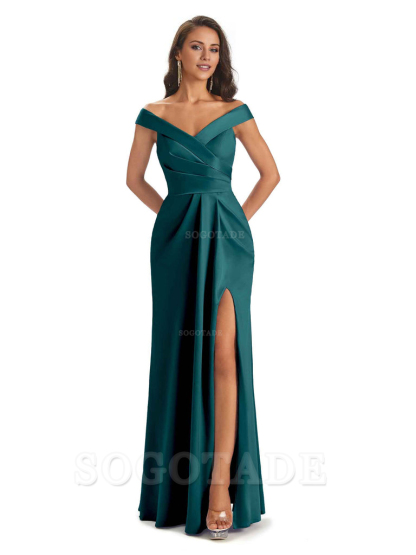 Sexy Soft Side Slit Off Shoulder V-Neck Long Satin Ladies Bridesmaid Dresses Elegant Evening Party Dress