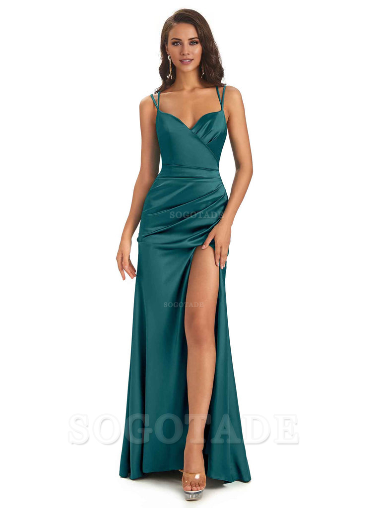 Sexy Soft Satin Side Slit Spaghetti Straps Long Maxi Mermaid Bridesmaid Dresses Elegant Evening Party Dress