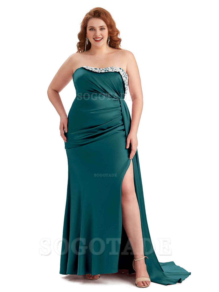 Sexy Side Slit Strapless Mermaid Lace Soft Satin Long Plus Size Maid of Honor Dresses