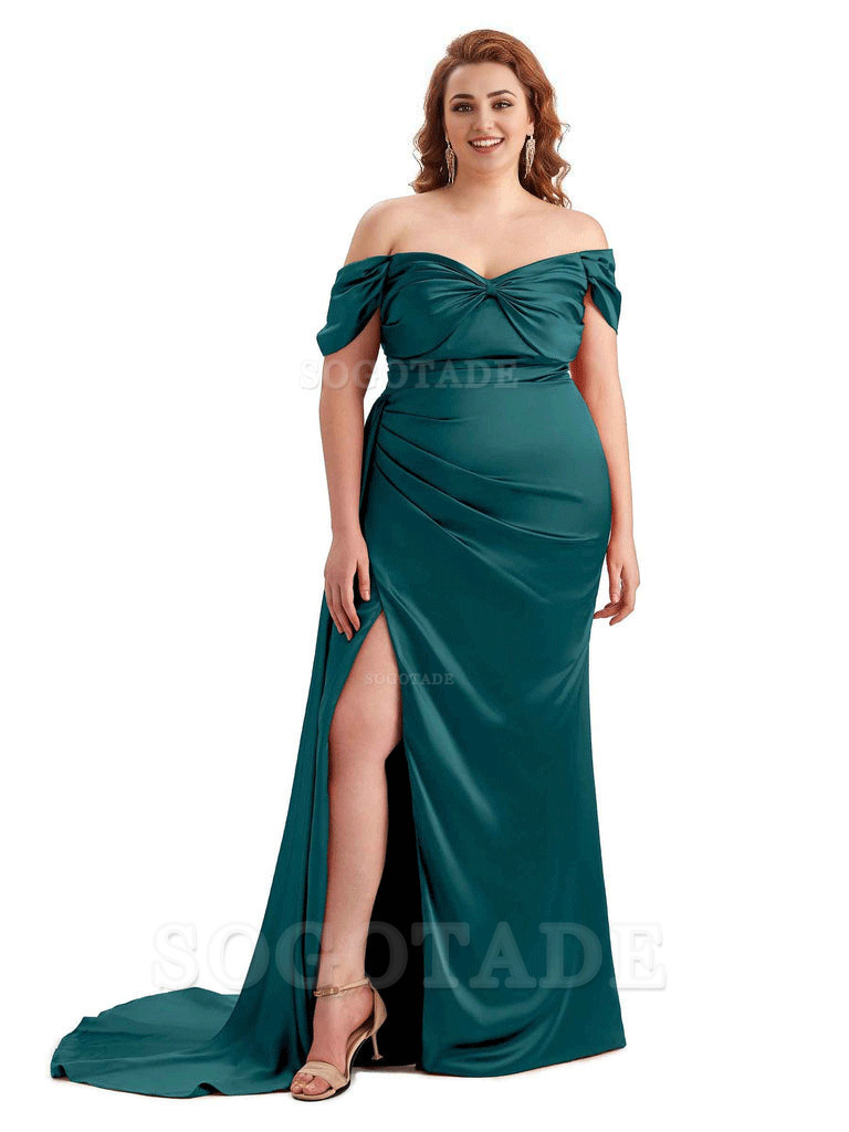  Sexy Side Slit Off The Shoulder Mermaid Soft Satin Long Plus Size Bridesmaid Dress For Wedding
