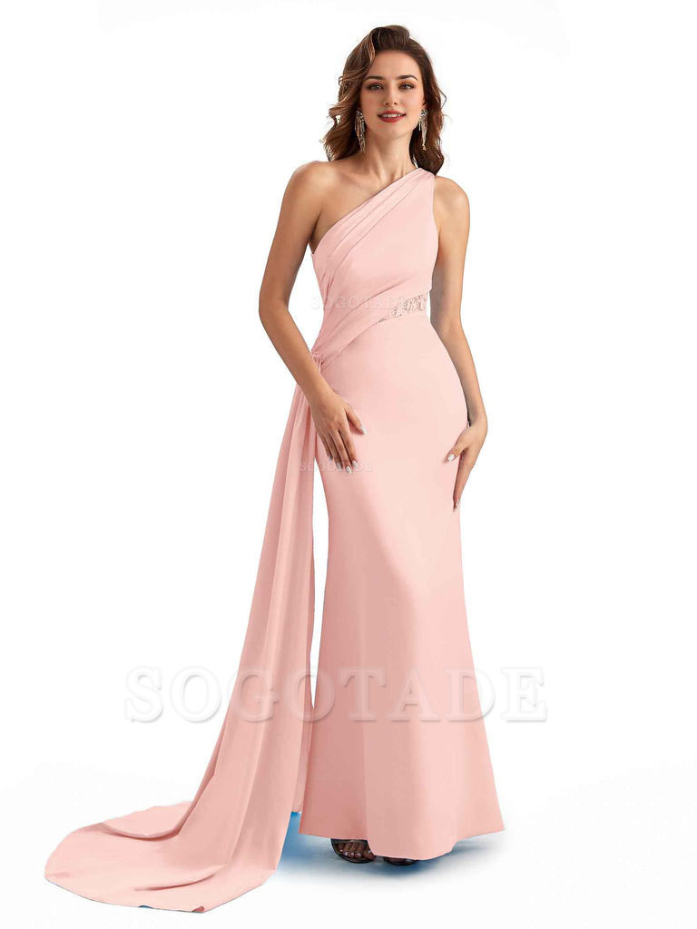 Sexy Mermaid Silky Satin One Shoulder Lace See Through Long Bridesmaid Dresses Online
