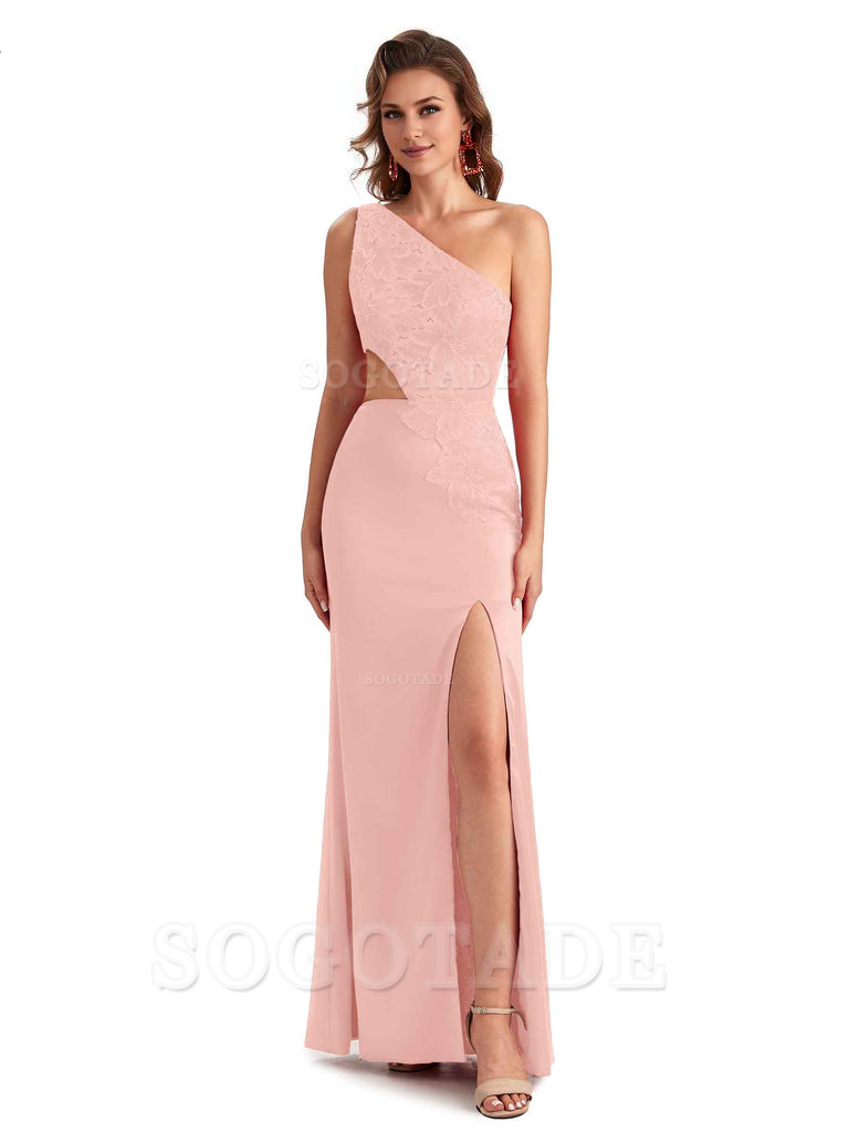 Sexy Side Slit Mermaid Lace Silky Satin One Shoulder Chic Long Bridesmaid Dresses