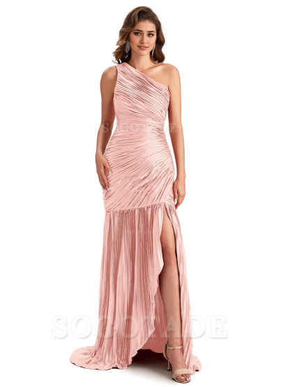 Sexy Side Slit Mermaid Soft Satin One Shoulder Long Ladies Bridesmaid Dresses Online