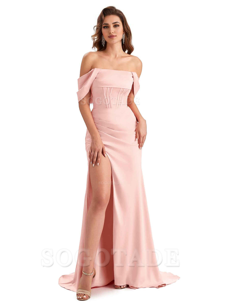 Sexy Side Slit Mermaid Soft Satin Off The Shoulder Unique Long Wedding Attendee Dresses