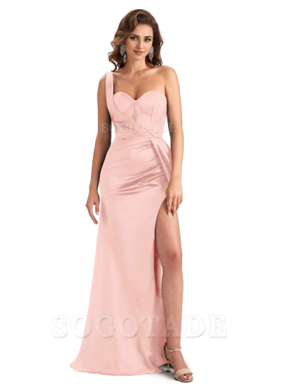 Sexy Mermaid Silky Satin Side Slit One Shoulder Unique Long Wedding Guest Dresses