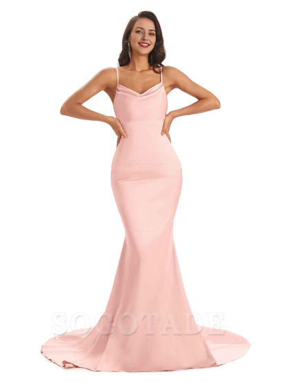 Sexy Backles Soft Satin Spaghetti Straps Maxi Mermaid Bridesmaid Dresses Online prom shop dresses