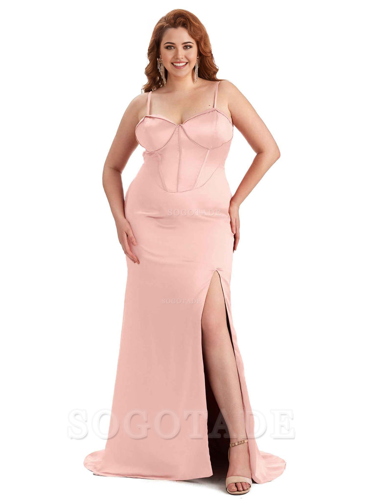 Sexy Spaghetti Straps Side Slit Sleeveless Mermaid Soft Satin Long Bridesmaid Dress Plus Size Dress To Wear to a Wedding