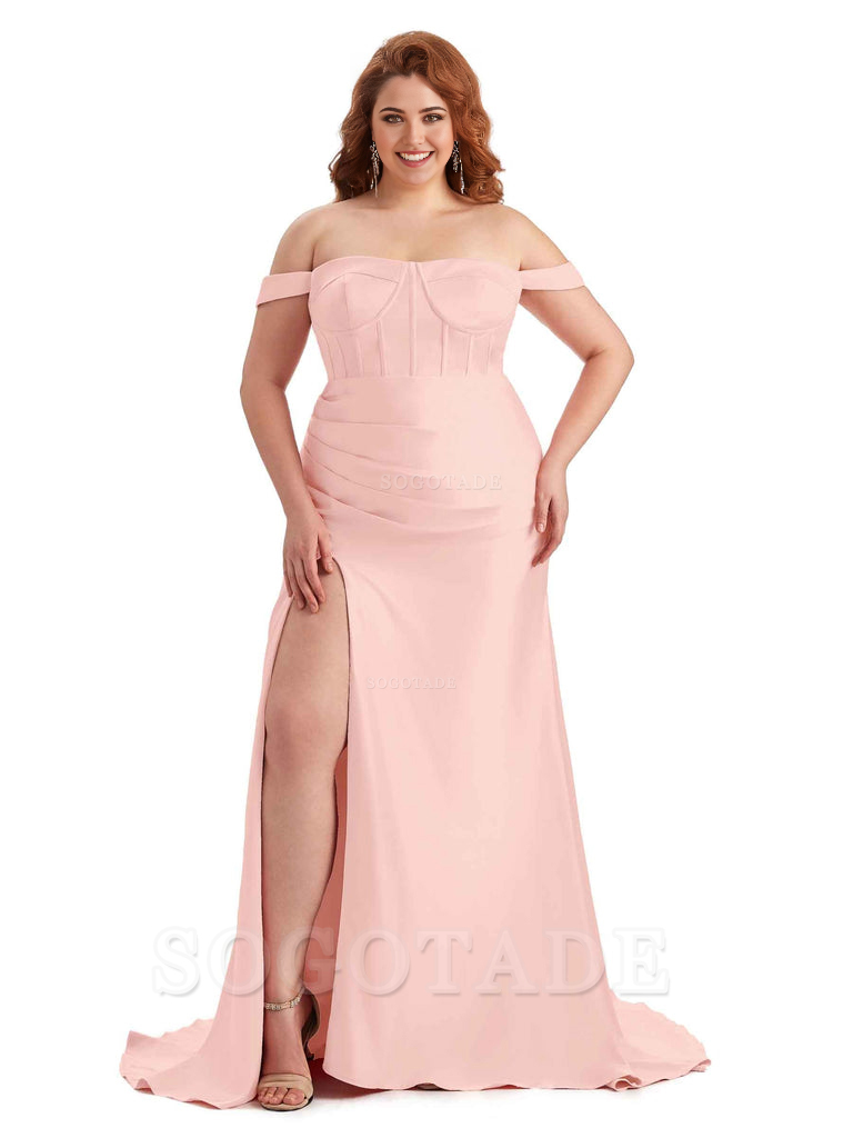 Elegant Off The Shoulder Side Slit Mermaid Soft Satin Floor Length Long Plus Size Bridesmaid Gowns