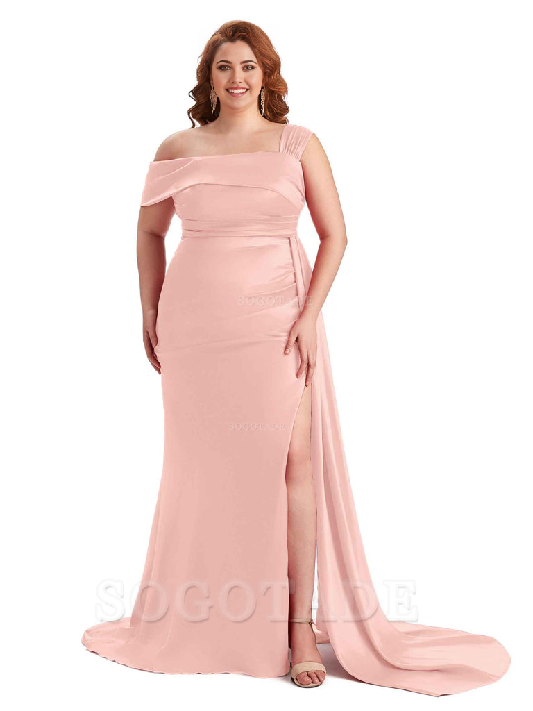 Sexy Side Hight Slit One Shoulder Mermaid Soft Satin Long Plus Size With Train Matron of Honor Dresses