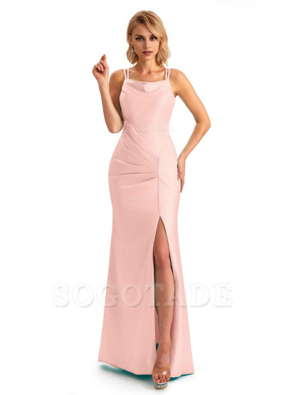Soft Satin Spaghetti Straps Side Slit Long Unique Mermaid Beautiful Dresses For Wedding