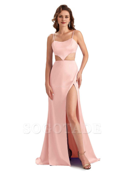 Sexy Satin Side Slit Spaghetti Straps Mermaid Long Unique Curve Wedding Guest Dresses