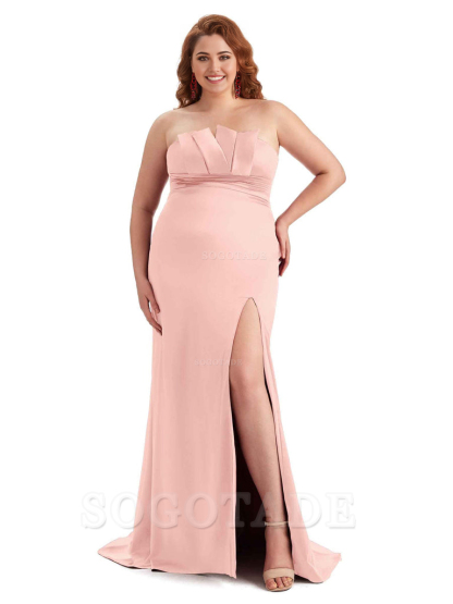 Sexy Side Slit Sleeveless Mermaid Soft Satin Long Plus Size Wedding Party Dresses For Wedding