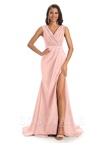 A-line V-neck Floor-Length Satin formal dresses evening gown Bridesmaid Dresses With Side Slit 