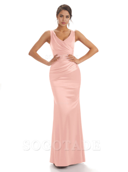 Sheath Sleeveless V-neck Floor-Length Satin formal dresses evening gown Bridesmaid Dresses With Pleats 
