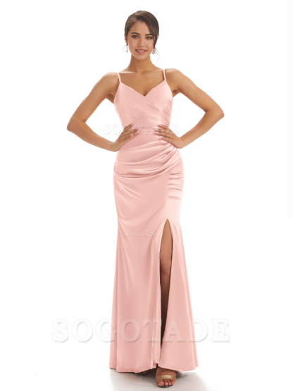 Spaghetti Straps Pleats Satin formal dresses evening gown Bridesmaid Dresses With Side Slit 