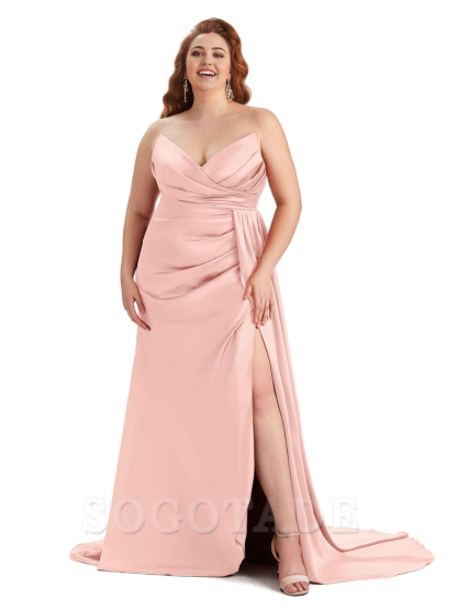 Sexy V-neck Side Slit Sleeveless Mermaid Soft Satin Long Plus Size Bridesmaid Gowns