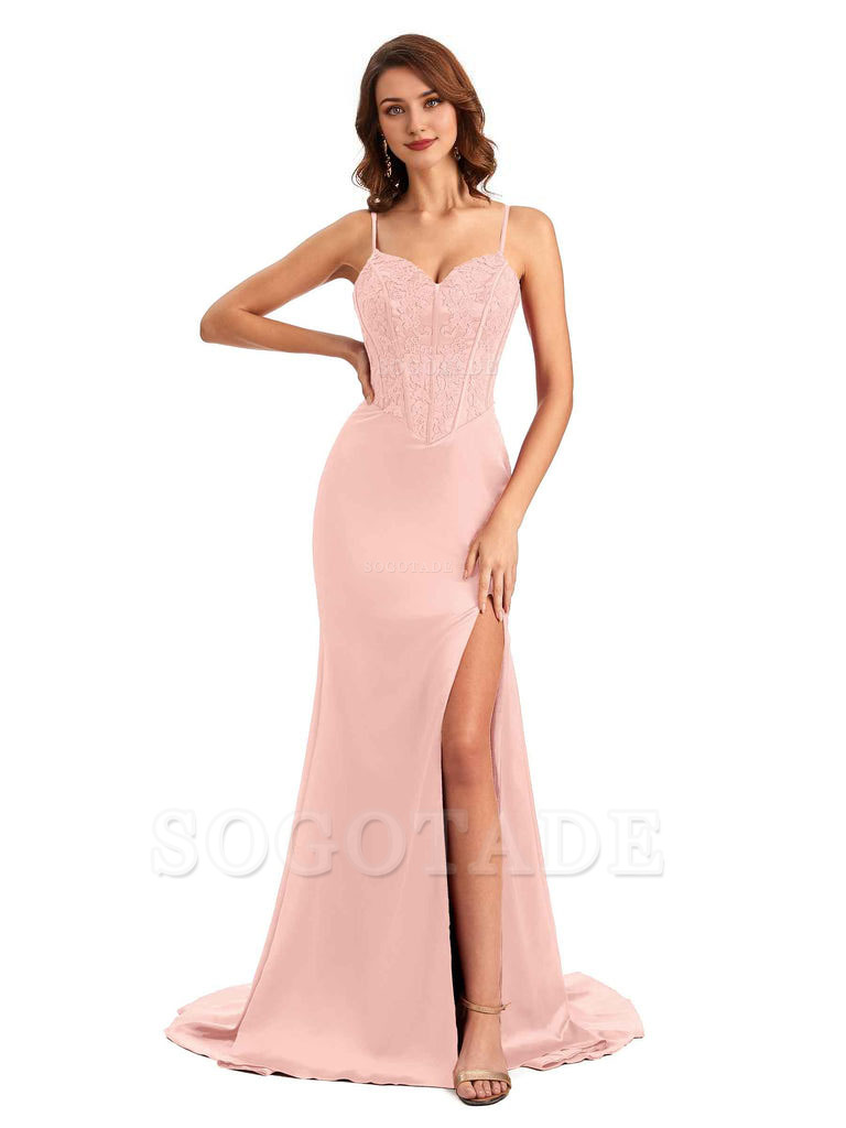 Sexy Side Slit Mermaid Silky Satin V-Neck Lace Unique Long Bridesmaid Dresses