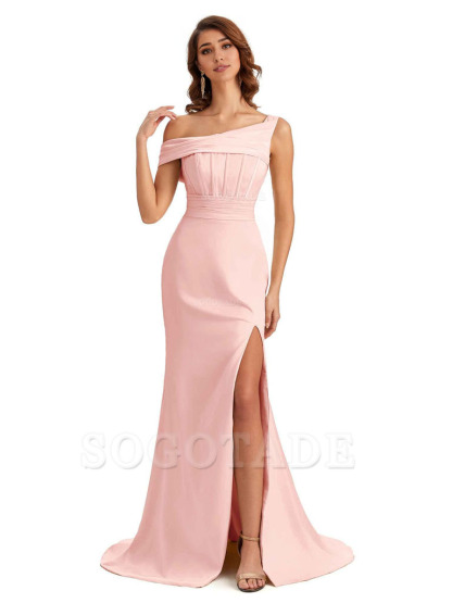 Elegant Asymmetrical Neck Soft Satin Side Slit Long Mermaid Bridesmaid Dresses