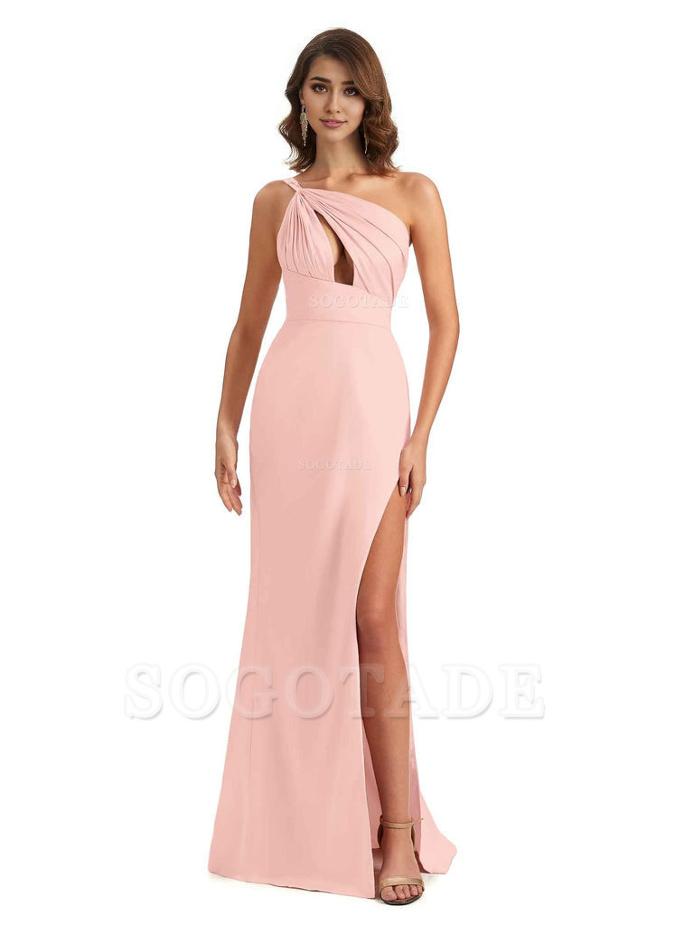 Sexy One Shoulder Silky Satin Unique Long Ladies Bridesmaid Dress For Wedding