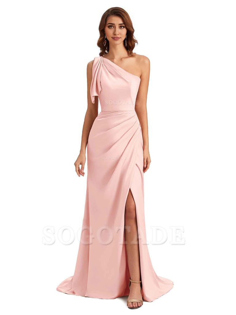 Sexy One Shoulder Mermaid Side Slit Unique Silky Satin Bridesmaid Dresses 