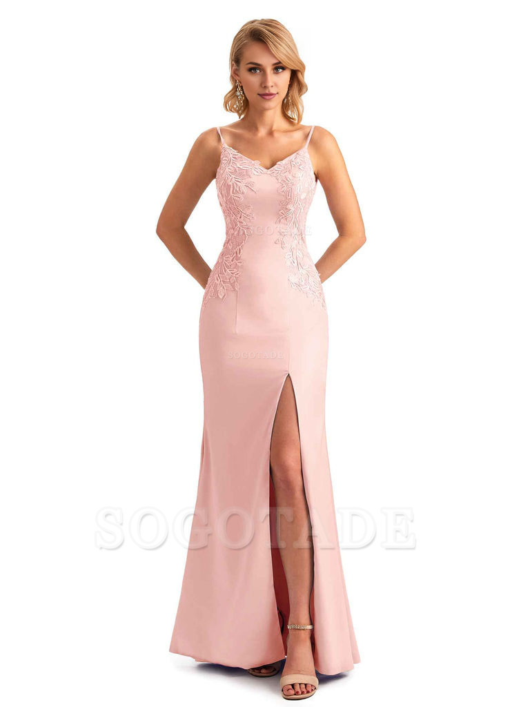 Sexy Side Split Mermaid Spaghetti Straps Soft Satin Unique Lace Long Bridesmaid Dresses