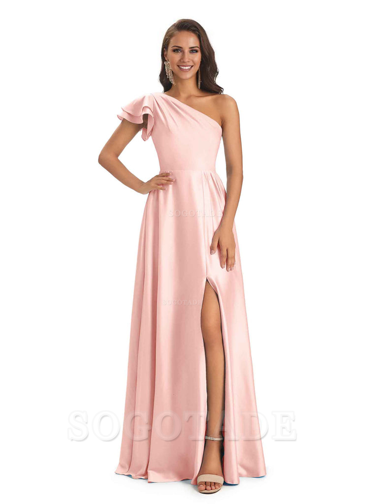 A-Line One Shoulder Ladies Long Bridesmaid Dresses Soft Satin Side Slit Elegant Evening Party Dress