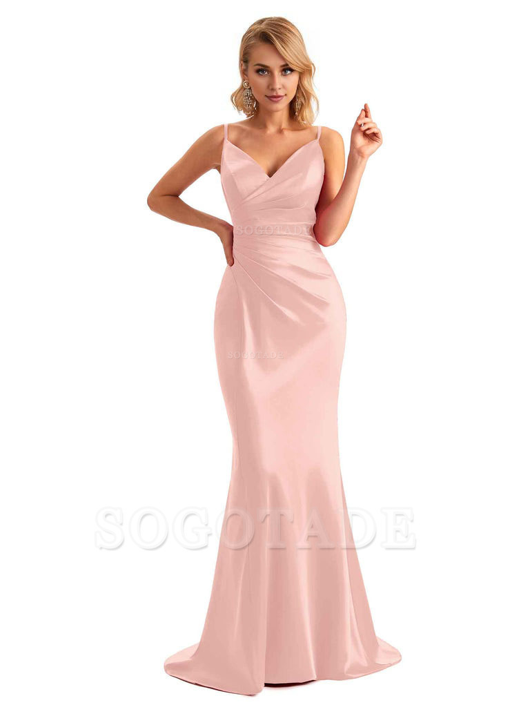  Sexy Backless Mermaid Spaghetti Straps Unique Long Formal Satin Dress For Women