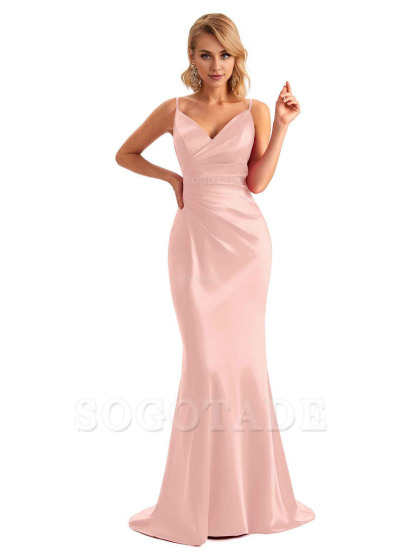  Sexy Backless Mermaid Spaghetti Straps Unique Long Formal Satin Dress For Women
