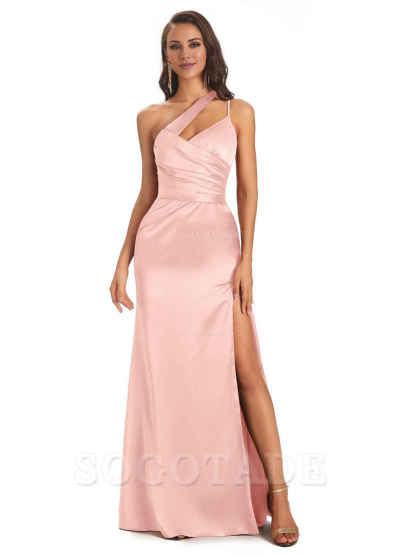 Elegant Soft Satin Side Slit One Shoulder Floor-Length Maxi Bridesmaid Dresses Evening Party Dress