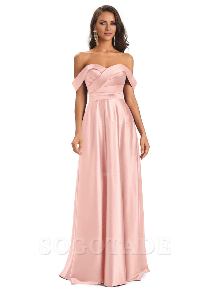 Sexy Soft Satin Off The Shoulder A-Line Long Bridesmaid Dresses Elegant Evening Party Dress